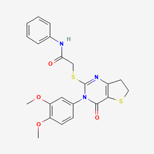 molecular formula C22H21N3O4S2 B2762102 2-((3-(3,4-dimethoxyphenyl)-4-oxo-3,4,6,7-tetrahydrothieno[3,2-d]pyrimidin-2-yl)thio)-N-phenylacetamide CAS No. 877655-62-4