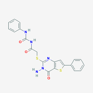 molecular formula C21H17N5O3S2 B276212 N-{[(3-amino-4-oxo-6-phenyl-3,4-dihydrothieno[3,2-d]pyrimidin-2-yl)sulfanyl]acetyl}-N'-phenylurea 