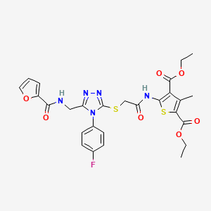 molecular formula C27H26FN5O7S2 B2762188 Diethyl 5-[[2-[[4-(4-fluorophenyl)-5-[(furan-2-carbonylamino)methyl]-1,2,4-triazol-3-yl]sulfanyl]acetyl]amino]-3-methylthiophene-2,4-dicarboxylate CAS No. 393806-19-4