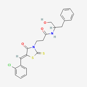 molecular formula C22H21ClN2O3S2 B2762202 (Z)-3-(5-(2-chlorobenzylidene)-4-oxo-2-thioxothiazolidin-3-yl)-N-(1-hydroxy-3-phenylpropan-2-yl)propanamide CAS No. 900135-02-6