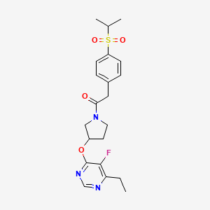 molecular formula C21H26FN3O4S B2762238 1-(3-((6-Ethyl-5-fluoropyrimidin-4-yl)oxy)pyrrolidin-1-yl)-2-(4-(isopropylsulfonyl)phenyl)ethanone CAS No. 2034435-61-3