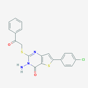 molecular formula C20H14ClN3O2S2 B276224 3-amino-6-(4-chlorophenyl)-2-[(2-oxo-2-phenylethyl)sulfanyl]thieno[3,2-d]pyrimidin-4(3H)-one 