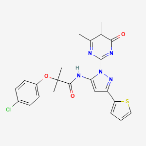 molecular formula C23H22ClN5O3S B2762253 2-(4-chlorophenoxy)-2-methyl-N-[2-(4-methyl-5-methylidene-6-oxopyrimidin-2-yl)-5-thiophen-2-ylpyrazol-3-yl]propanamide CAS No. 1170067-42-1