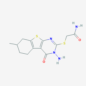 molecular formula C13H16N4O2S2 B276231 2-[(3-Amino-7-methyl-4-oxo-3,4,5,6,7,8-hexahydro[1]benzothieno[2,3-d]pyrimidin-2-yl)sulfanyl]acetamide 