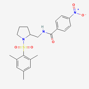 molecular formula C21H25N3O5S B2762315 N-((1-(间二甲苯磺酰)吡咯啉-2-基)甲基)-4-硝基苯甲酰胺 CAS No. 896283-47-9