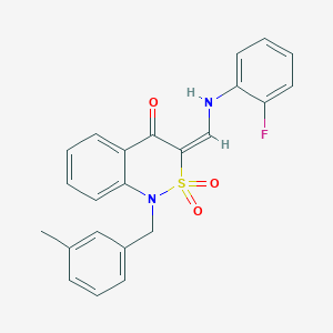 molecular formula C23H19FN2O3S B2762342 (3E)-3-{[(2-fluorophenyl)amino]methylene}-1-(3-methylbenzyl)-1H-2,1-benzothiazin-4(3H)-one 2,2-dioxide CAS No. 892304-13-1