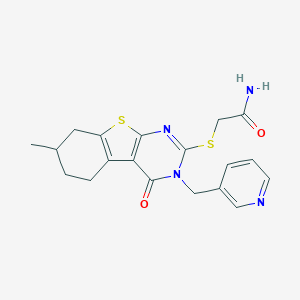 molecular formula C19H20N4O2S2 B276235 2-{[7-Methyl-4-oxo-3-(3-pyridinylmethyl)-3,4,5,6,7,8-hexahydro[1]benzothieno[2,3-d]pyrimidin-2-yl]sulfanyl}acetamide 