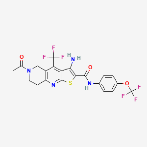molecular formula C21H16F6N4O3S B2762371 6-acetyl-3-amino-N-[4-(trifluoromethoxy)phenyl]-4-(trifluoromethyl)-5,6,7,8-tetrahydrothieno[2,3-b][1,6]naphthyridine-2-carboxamide CAS No. 704876-21-1