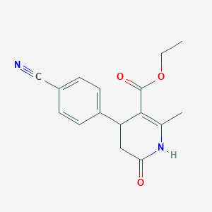 molecular formula C16H16N2O3 B2762379 Ethyl 4-(4-cyanophenyl)-2-methyl-6-oxo-1,4,5,6-tetrahydro-3-pyridinecarboxylate CAS No. 294853-59-1