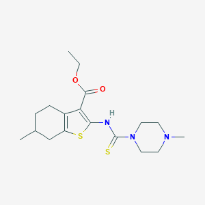 molecular formula C18H27N3O2S2 B276242 Ethyl 6-methyl-2-{[(4-methyl-1-piperazinyl)carbothioyl]amino}-4,5,6,7-tetrahydro-1-benzothiophene-3-carboxylate 