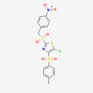 molecular formula C17H13ClN2O6S3 B2762485 5-Chloro-4-(4-methylphenyl)sulfonyl-2-[(4-nitrophenyl)methylsulfonyl]-1,3-thiazole CAS No. 690986-60-8