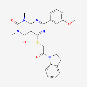 molecular formula C25H23N5O4S B2762530 5-((2-(indolin-1-yl)-2-oxoethyl)thio)-7-(3-methoxyphenyl)-1,3-dimethylpyrimido[4,5-d]pyrimidine-2,4(1H,3H)-dione CAS No. 872839-56-0
