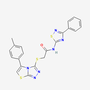 molecular formula C21H16N6OS3 B2762576 N-(3-phenyl-1,2,4-thiadiazol-5-yl)-2-((5-(p-tolyl)thiazolo[2,3-c][1,2,4]triazol-3-yl)thio)acetamide CAS No. 727689-42-1