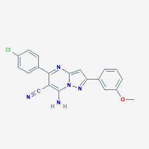 molecular formula C20H14ClN5O B276262 7-Amino-5-(4-chlorophenyl)-2-(3-methoxyphenyl)pyrazolo[1,5-a]pyrimidine-6-carbonitrile 