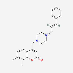 molecular formula C25H28N2O2 B2762668 (E)-4-((4-cinnamylpiperazin-1-yl)methyl)-7,8-dimethyl-2H-chromen-2-one CAS No. 556020-65-6