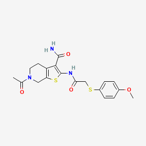 molecular formula C19H21N3O4S2 B2762683 6-Acetyl-2-(2-((4-methoxyphenyl)thio)acetamido)-4,5,6,7-tetrahydrothieno[2,3-c]pyridine-3-carboxamide CAS No. 941951-40-2
