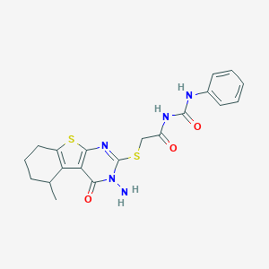 molecular formula C20H21N5O3S2 B276269 N-{[(3-amino-5-methyl-4-oxo-3,4,5,6,7,8-hexahydro[1]benzothieno[2,3-d]pyrimidin-2-yl)sulfanyl]acetyl}-N'-phenylurea 