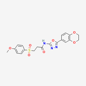 molecular formula C20H19N3O7S B2762693 N-(5-(2,3-dihydrobenzo[b][1,4]dioxin-6-yl)-1,3,4-oxadiazol-2-yl)-3-((4-methoxyphenyl)sulfonyl)propanamide CAS No. 942006-70-4