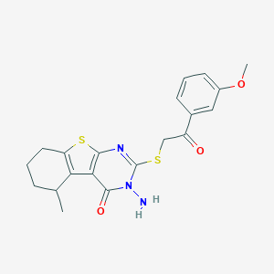 molecular formula C20H21N3O3S2 B276271 3-amino-2-{[2-(3-methoxyphenyl)-2-oxoethyl]sulfanyl}-5-methyl-5,6,7,8-tetrahydro[1]benzothieno[2,3-d]pyrimidin-4(3H)-one 