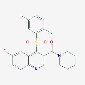 molecular formula C23H23FN2O3S B2762717 4-[(2,5-Dimethylphenyl)sulfonyl]-6-fluoro-3-(piperidin-1-ylcarbonyl)quinoline CAS No. 1110989-19-9