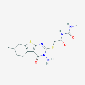 molecular formula C15H19N5O3S2 B276274 N-{[(3-amino-7-methyl-4-oxo-3,4,5,6,7,8-hexahydro[1]benzothieno[2,3-d]pyrimidin-2-yl)sulfanyl]acetyl}-N'-methylurea 