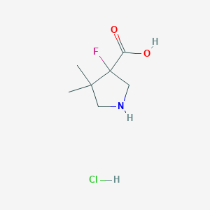 molecular formula C7H13ClFNO2 B2762756 3-氟-4,4-二甲基吡咯啉-3-羧酸；盐酸盐 CAS No. 2413876-60-3