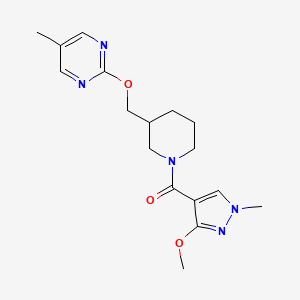 molecular formula C17H23N5O3 B2762818 (3-Methoxy-1-methylpyrazol-4-yl)-[3-[(5-methylpyrimidin-2-yl)oxymethyl]piperidin-1-yl]methanone CAS No. 2380040-50-4