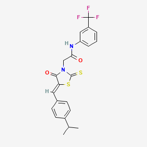 molecular formula C22H19F3N2O2S2 B2762836 2-[(5Z)-4-oxo-5-[(4-propan-2-ylphenyl)methylidene]-2-sulfanylidene-1,3-thiazolidin-3-yl]-N-[3-(trifluoromethyl)phenyl]acetamide CAS No. 381168-07-6
