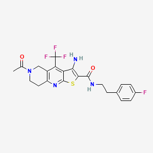 molecular formula C22H20F4N4O2S B2762844 6-acetyl-3-amino-N-[2-(4-fluorophenyl)ethyl]-4-(trifluoromethyl)-7,8-dihydro-5H-thieno[2,3-b][1,6]naphthyridine-2-carboxamide CAS No. 727663-24-3