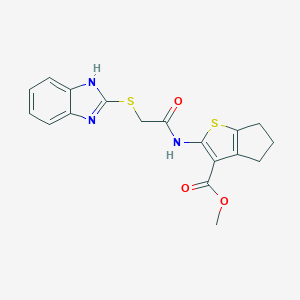 molecular formula C18H17N3O3S2 B276285 methyl 2-{[(1H-benzimidazol-2-ylsulfanyl)acetyl]amino}-5,6-dihydro-4H-cyclopenta[b]thiophene-3-carboxylate 