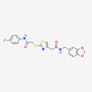molecular formula C21H18FN3O4S2 B2762869 N-(苯并[d][1,3]二氧杂环戊-5-基甲基)-2-(2-((2-((4-氟苯基)氨基)-2-氧代乙基)硫代噻唑-4-基)乙酰胺 CAS No. 941921-66-0