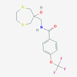 molecular formula C14H16F3NO3S2 B2762917 N-[(6-Hydroxy-1,4-dithiepan-6-yl)methyl]-4-(trifluoromethoxy)benzamide CAS No. 2415489-54-0