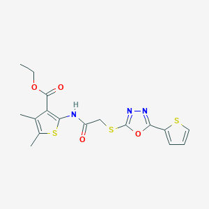 molecular formula C17H17N3O4S3 B276292 Ethyl 4,5-dimethyl-2-[({[5-(2-thienyl)-1,3,4-oxadiazol-2-yl]sulfanyl}acetyl)amino]-3-thiophenecarboxylate 