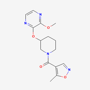 molecular formula C15H18N4O4 B2762923 (3-((3-Methoxypyrazin-2-yl)oxy)piperidin-1-yl)(5-methylisoxazol-4-yl)methanone CAS No. 2034479-31-5