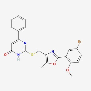 molecular formula C22H18BrN3O3S B2762978 2-(((2-(5-Bromo-2-methoxyphenyl)-5-methyloxazol-4-yl)methyl)thio)-6-phenylpyrimidin-4-ol CAS No. 1223966-29-7