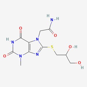 molecular formula C11H15N5O5S B2762988 2-(8-((2,3-dihydroxypropyl)thio)-3-methyl-2,6-dioxo-2,3-dihydro-1H-purin-7(6H)-yl)acetamide CAS No. 332103-33-0