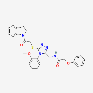 molecular formula C28H27N5O4S B2763058 N-((5-((2-(indolin-1-yl)-2-oxoethyl)thio)-4-(2-methoxyphenyl)-4H-1,2,4-triazol-3-yl)methyl)-2-phenoxyacetamide CAS No. 310449-29-7