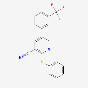 molecular formula C19H11F3N2S B2763087 2-(Phenylsulfanyl)-5-[3-(trifluoromethyl)phenyl]nicotinonitrile CAS No. 338964-69-5