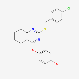 molecular formula C22H21ClN2O2S B2763108 2-[(4-Chlorophenyl)methylsulfanyl]-4-(4-methoxyphenoxy)-5,6,7,8-tetrahydroquinazoline CAS No. 339019-06-6
