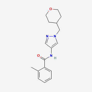 molecular formula C17H21N3O2 B2763128 2-methyl-N-(1-((tetrahydro-2H-pyran-4-yl)methyl)-1H-pyrazol-4-yl)benzamide CAS No. 1795087-74-9