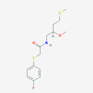 molecular formula C14H20FNO2S2 B2763135 2-(4-Fluorophenyl)sulfanyl-N-(2-methoxy-4-methylsulfanylbutyl)acetamide CAS No. 2319634-84-7