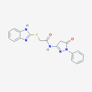 molecular formula C18H15N5O2S B276318 2-(1H-benzimidazol-2-ylsulfanyl)-N-(5-oxo-1-phenyl-4,5-dihydro-1H-pyrazol-3-yl)acetamide 