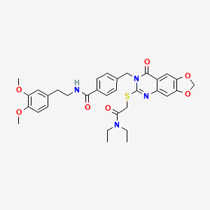 molecular formula C33H36N4O7S B2763199 4-((6-((2-(diethylamino)-2-oxoethyl)thio)-8-oxo-[1,3]dioxolo[4,5-g]quinazolin-7(8H)-yl)methyl)-N-(3,4-dimethoxyphenethyl)benzamide CAS No. 688062-29-5