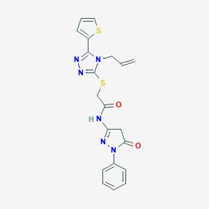 molecular formula C20H18N6O2S2 B276320 2-{[4-allyl-5-(2-thienyl)-4H-1,2,4-triazol-3-yl]sulfanyl}-N-(5-oxo-1-phenyl-4,5-dihydro-1H-pyrazol-3-yl)acetamide 