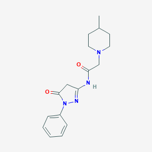 molecular formula C17H22N4O2 B276322 2-(4-methyl-1-piperidinyl)-N-(5-oxo-1-phenyl-4,5-dihydro-1H-pyrazol-3-yl)acetamide 