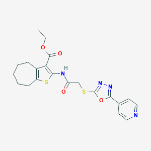 molecular formula C21H22N4O4S2 B276327 ethyl 2-[({[5-(4-pyridinyl)-1,3,4-oxadiazol-2-yl]sulfanyl}acetyl)amino]-5,6,7,8-tetrahydro-4H-cyclohepta[b]thiophene-3-carboxylate 