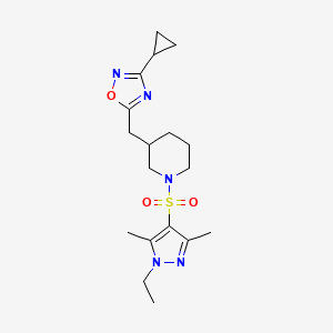 molecular formula C18H27N5O3S B2763275 3-cyclopropyl-5-((1-((1-ethyl-3,5-dimethyl-1H-pyrazol-4-yl)sulfonyl)piperidin-3-yl)methyl)-1,2,4-oxadiazole CAS No. 1705896-55-4