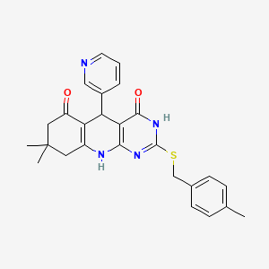 molecular formula C26H26N4O2S B2763282 8,8-dimethyl-2-((4-methylbenzyl)thio)-5-(pyridin-3-yl)-7,8,9,10-tetrahydropyrimido[4,5-b]quinoline-4,6(3H,5H)-dione CAS No. 627049-76-7