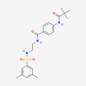 molecular formula C22H29N3O4S B2763313 N-(2-(3,5-二甲基苯基磺酰氨基)乙基)-4-戊酰胺基苯甲酰胺 CAS No. 1091431-13-8