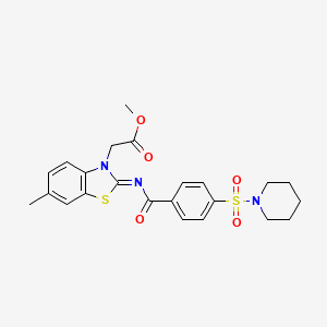 molecular formula C23H25N3O5S2 B2763345 Methyl 2-[6-methyl-2-(4-piperidin-1-ylsulfonylbenzoyl)imino-1,3-benzothiazol-3-yl]acetate CAS No. 865197-25-7